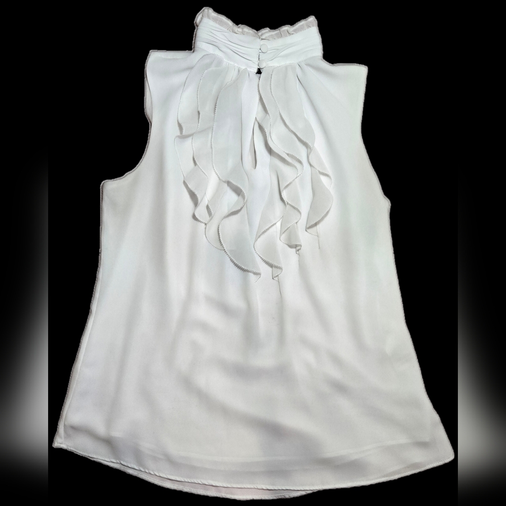 2P WHBM Ruffled Button-up Mock Neck White Sleeveless Top